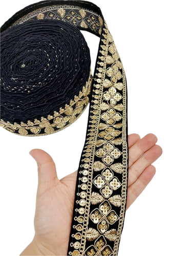 Velvet Fabric Sari Border Trim With Gold Sequins Embroidery, Trim By 9 Yards, Decorative Trimming